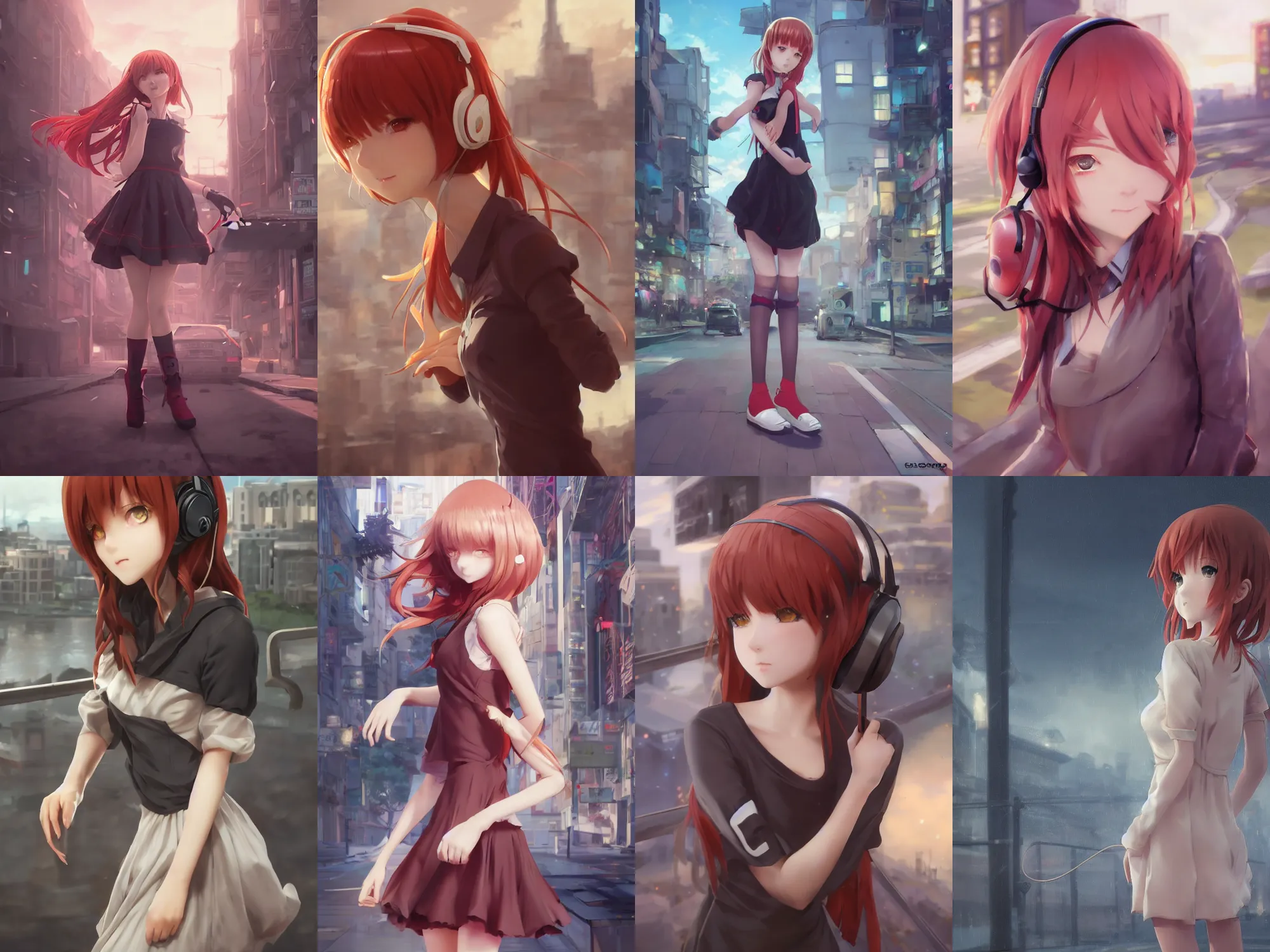 Prompt: complicated dynamic composition,realistic anime style at CGSociety by WLOP,ilya kuvshinov,krenz cushart,Greg Rutkowski,trending on artstation. Zbrush sculpt colored,Octane render in Maya and Houdini VFX,realistic cute young redhead girl in motion, expressing joy, dress,headphones,silky hair, deep eyes.In cityscape.Amazing textured brush strokes.Cinematic dramatic atmosphere,sharp focus, soft volumetric studio lighting.