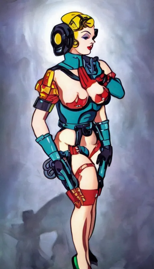 Image similar to full body cyberpunk beautiful woman in the style of a 1 9 4 0 s oil painted pin - up, on a gundam
