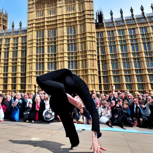 Prompt: theresa may breakdancing in front of Parliament, wide angle 4k