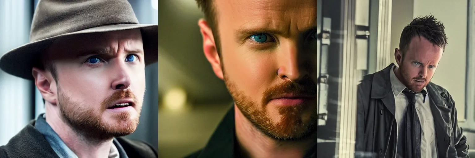 Prompt: close-up of Aaron Paul as a detective in a movie directed by Christopher Nolan, movie still frame, promotional image, imax 70 mm footage