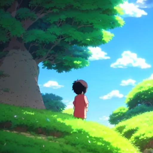 Image similar to diverse toddlers playing, anime style, environmental art animation background, studio ghibli, makoto shinkai