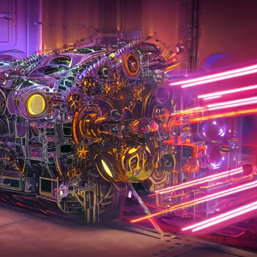 Image similar to album art, album name is tripmachine, photo of a huge futuristic steampunk motor inside a machinery, 8 k, fluorescent colors, halluzinogenic, multicolored, exaggerated detailed, front shot, 3 d render, octane