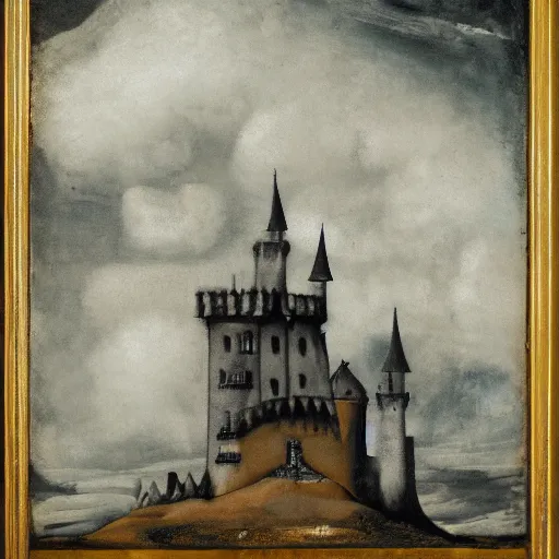 Prompt: A beautiful experimental art of a castle in the clouds. dark by Sofonisba Anguissola angular