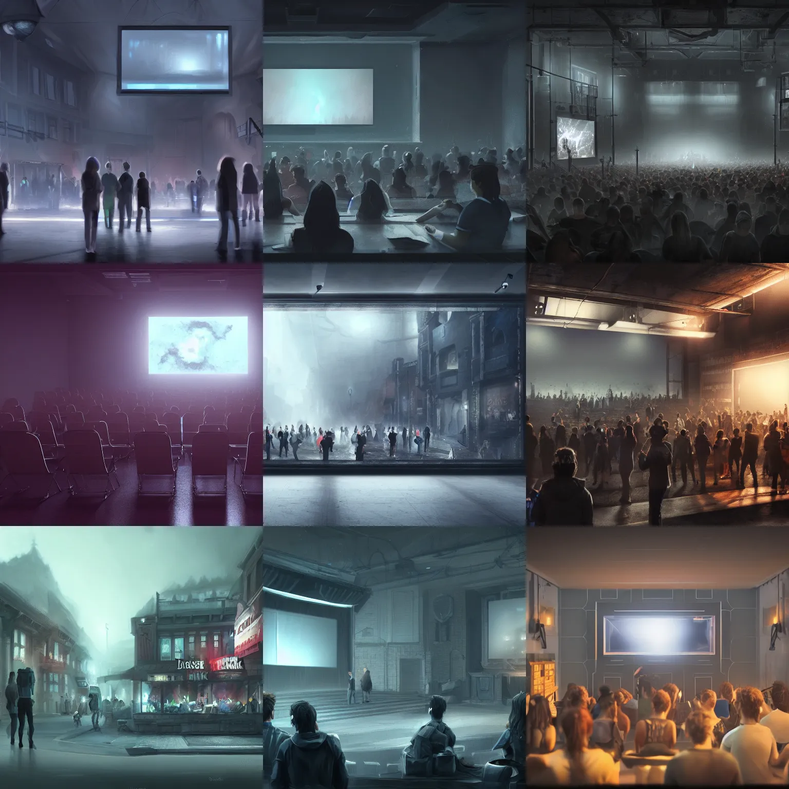 Prompt: digital concept art of a very small!!! dark valorantshow venue with a large bright screen in front of twenty people, grey, realistic, octane render, high detail, environment, sharp focus, artstation