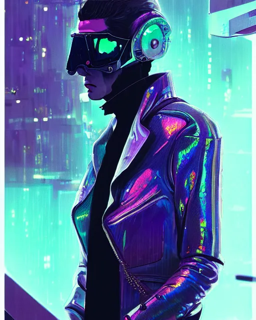 Image similar to detailed portrait of European Professional Fashion Operator Guy Sheen Holographic Jacket coat, Futuristic sci-fi fashion, royal attire Akira, Evangelion, cyberpunk, neotokyo, synthwave, aesthetics, futuristic, bladerunner movie scene by ismail inceoglu dragan bibin hans thoma greg rutkowski Alexandros Pyromallis Nekro Rene Margitte illustrated Perfect face, fine details, realistic shaded, fine-face, pretty face sharp chine