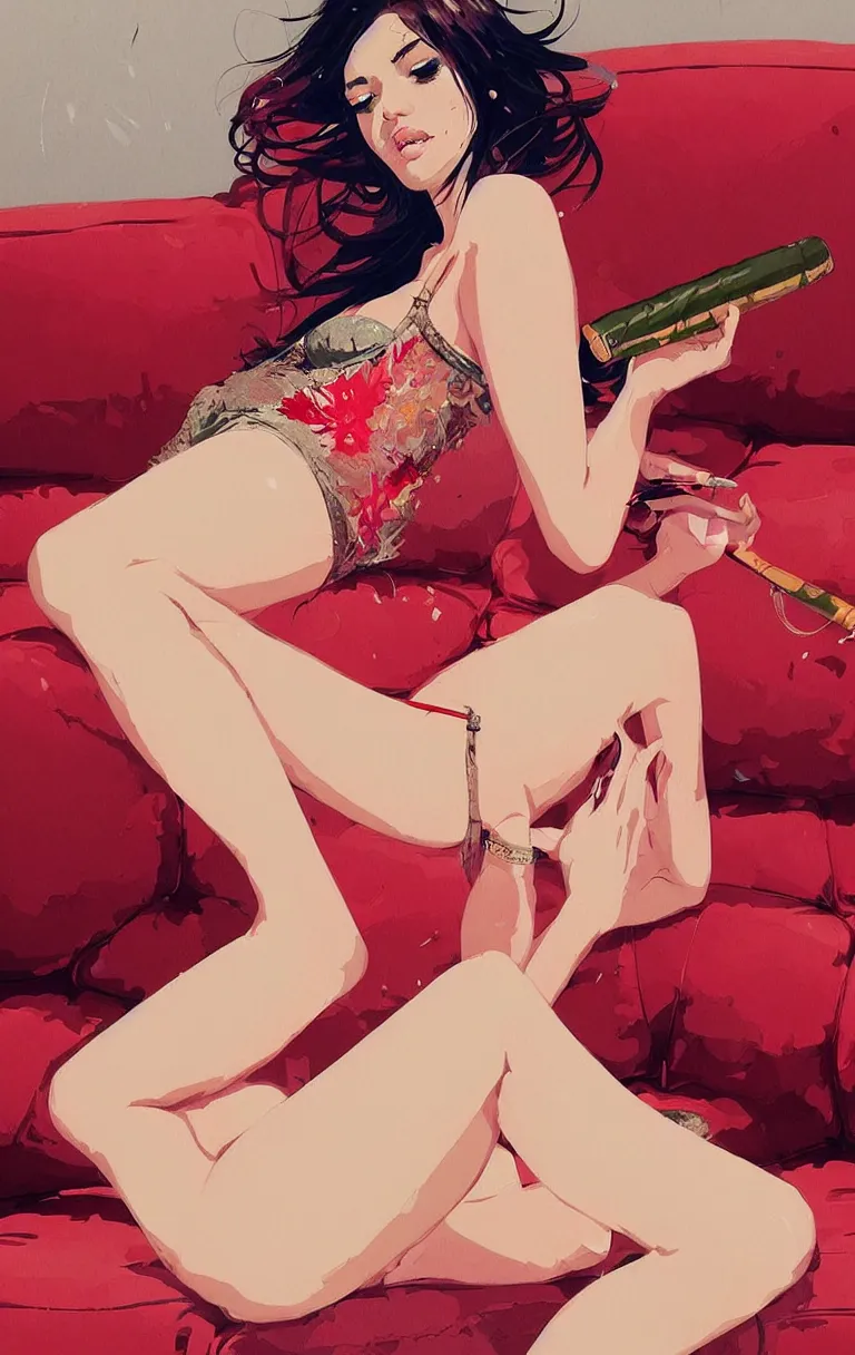 Prompt: an ultra - detailed beautiful painting of a stylish woman sitting on a couch in lingerie and holding a cigar by conrad roset, greg rutkowski and makoto shinkai trending on artstation