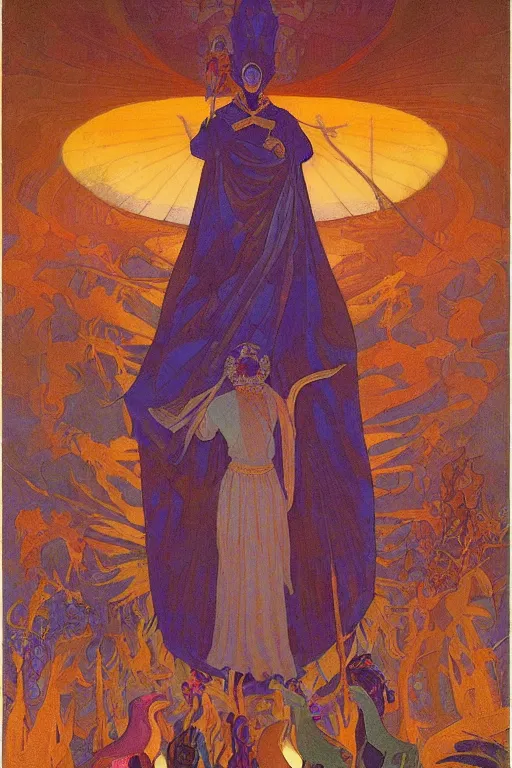 Image similar to queen of the dawn with her lantern and birds, by Nicholas Roerich and jean delville, elaborate headdress and embroidered velvet, iridescent beetles, rich color, dramatic cinematic lighting, extremely detailed