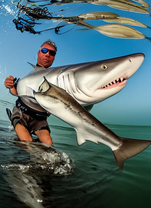 Prompt: sevengill shark taking calico bass from a spearfisherman's stringer in la jolla, ca. kayak