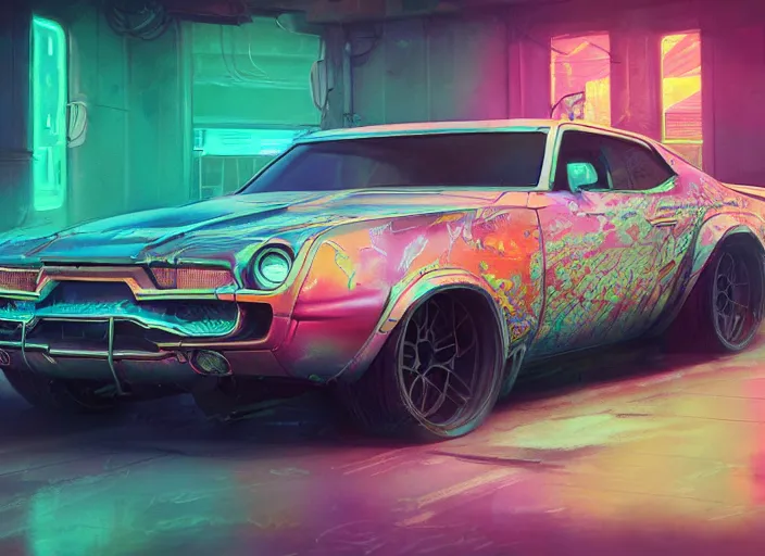 Prompt: detailed concept art illustration colorful pastel painting of a retro cyberpunk muscle car in full intricate detail, ultra detailed, digital art, octane render, 4K, dystopian, micro details