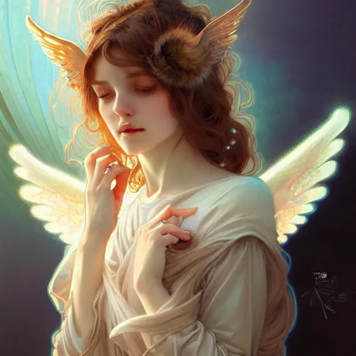 Prompt: Portrait of a girl angel with cream colored fuzzy frizzy hair, cat ears, glowing halo, wings, fantasy, intricate, elegant, highly detailed, digital painting, artstation, concept art, smooth, sharp focus, illustration, art by Krenz Cushart and Artem Demura and alphonse mucha