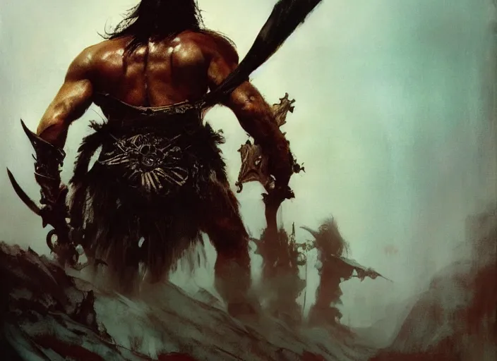 Image similar to conan the barbarian, intricate, elegant, highly detailed, vivid colors, john park, frazetta, sparth, ruan jia, jeffrey catherine jones