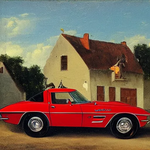 Image similar to corvette with cats sitting in and on the car, old dutch painting, golden hour, shadows, wide shot