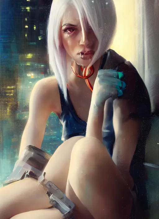 Image similar to white haired girl in a miniskirt sitting on a window, cyberpunk, expressive oil painting, night, highly detailed, trending on artstation, octane render, beautiful detailed face, vivid colors