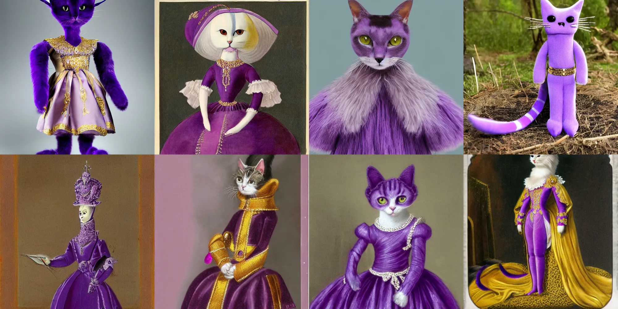 Prompt: a purple humanoid female cat wearing royal clothing