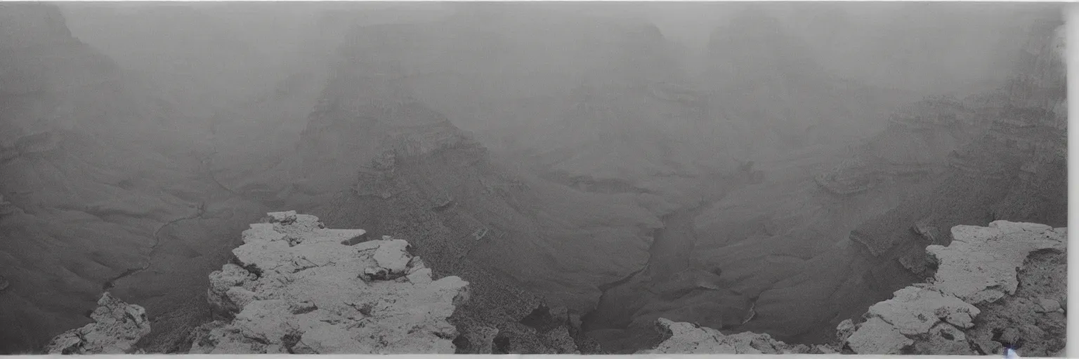 Prompt: the grand canyon made of concrete, looking down, foggy, megalophobia, old polaroid, expired film,