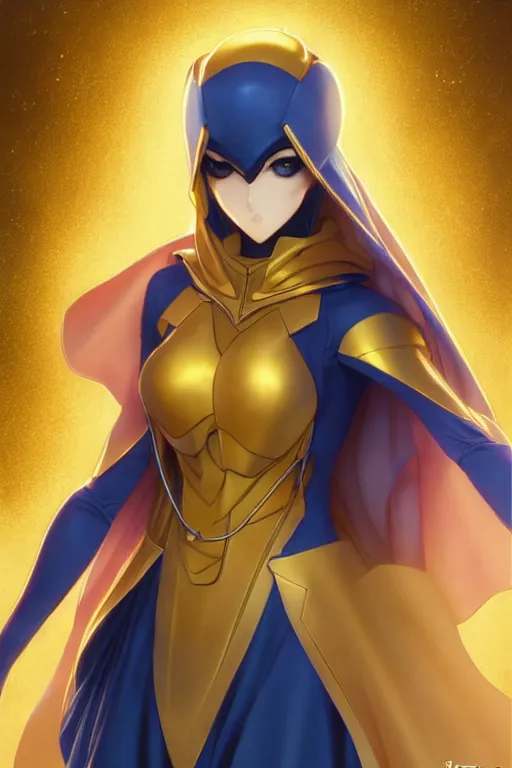 Image similar to anime key visual of a beautiful young female doctor fate!! intricate, cape, glowing, powers, dc comics, cinematic, stunning, highly detailed, digital painting, artstation, smooth, hard focus, illustration, art by artgerm and greg rutkowski and alphonse mucha