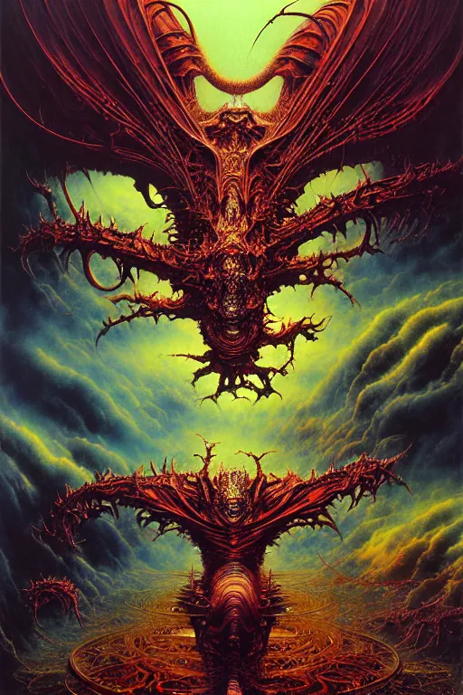Prompt: realistic detailed image of technological nightmare abomination monster god. cinematic distance perspective, by lisa frank, ayami kojima, amano, karol bak, greg hildebrandt, and mark brooks, neo - gothic, gothic, rich deep colors. beksinski painting, part by adrian ghenie and gerhard richter. art by takato yamamoto. masterpiece