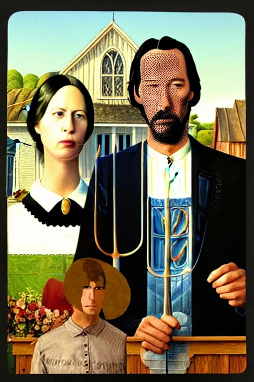 Image similar to painting of Keanu Reeves and Lady Gaga as the couple in American Gothic in the style of Grant Wood