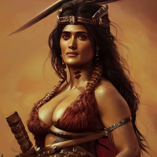 Image similar to portrait of salma hayek as barbarian warrior, au naturel, hyper detailed, digital art, trending in artstation, cinematic lighting, studio quality, smooth render, unreal engine 5 rendered, octane rendered, art style by klimt and nixeu and ian sprigger and wlop and krenz cushart.