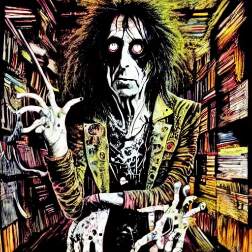 Image similar to graphic illustration, creative design, alice cooper, biopunk, by ralph steadman, francis bacon, hunter s thompson, highly detailed