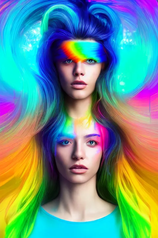 Image similar to a award winning half body portrait of a beautiful woman with stunning eyes in a croptop and cargo pants with rainbow colored ombre hairstyle head in motion and hair flying by thomas danthony, surrounded by whirling illuminated liquids, outrun, vaporware, shaded flat illustration, digital art, trending on artstation, highly detailed, fine detail, intricate