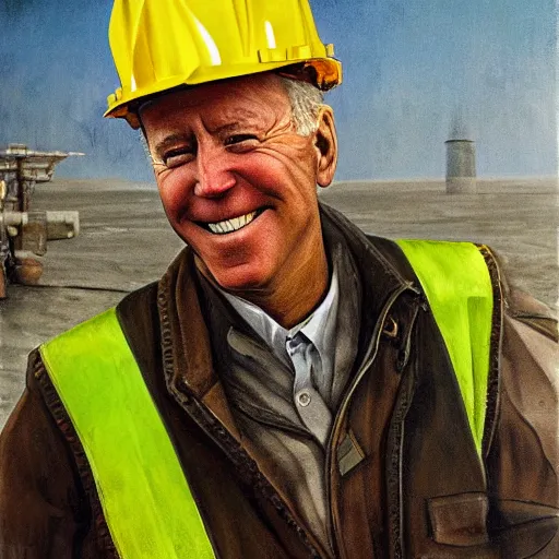 Prompt: Joe Biden as a roughneck oil field worker, high detail, portrait, close up, dirty, hard hat, oil, grit