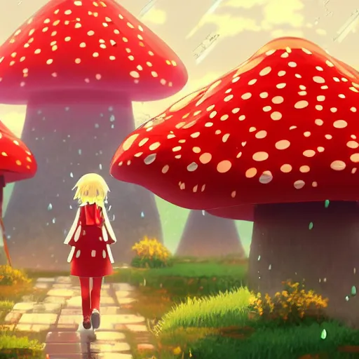 Prompt: beautiful anime girl walking in rainy mushroom village at night, super mario style, red and white spotted mushroom houses, geometric mountains in distance, landscape, anime key visual, digital art, anime screenshot, kyoto animation, makoto shinkai, trending on artstation