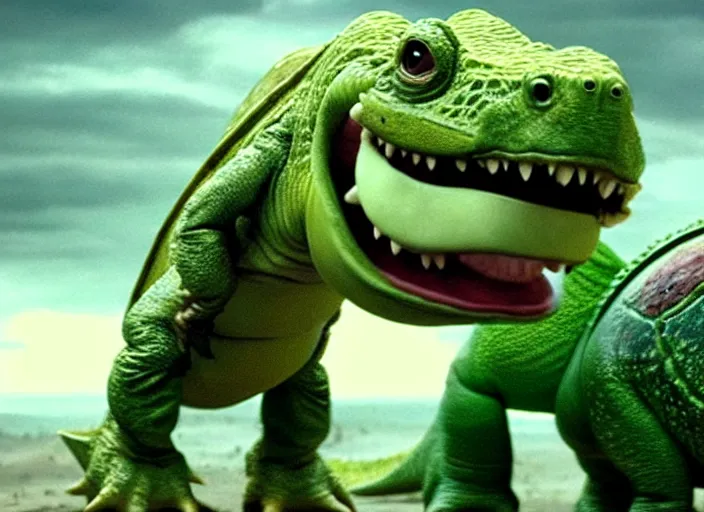 Image similar to film still of yoshi in the new sci - fi movie, cute upright dinosaur standing on its hind legs with a small turtle shell and long tongue, 8 k