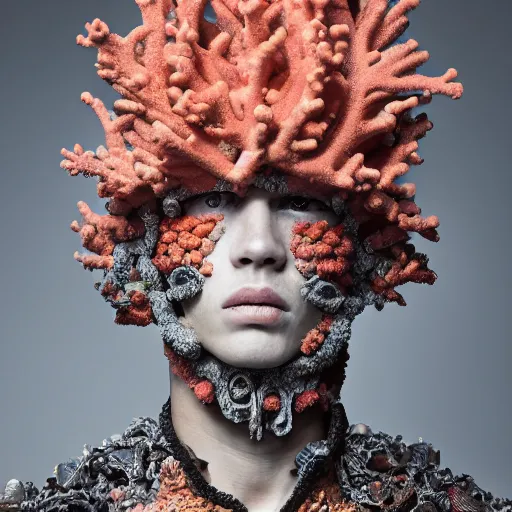 Prompt: a portrait of a beautiful young male wearing an alexander mcqueen armor made of coral reef , photographed by andrew thomas huang, artistic