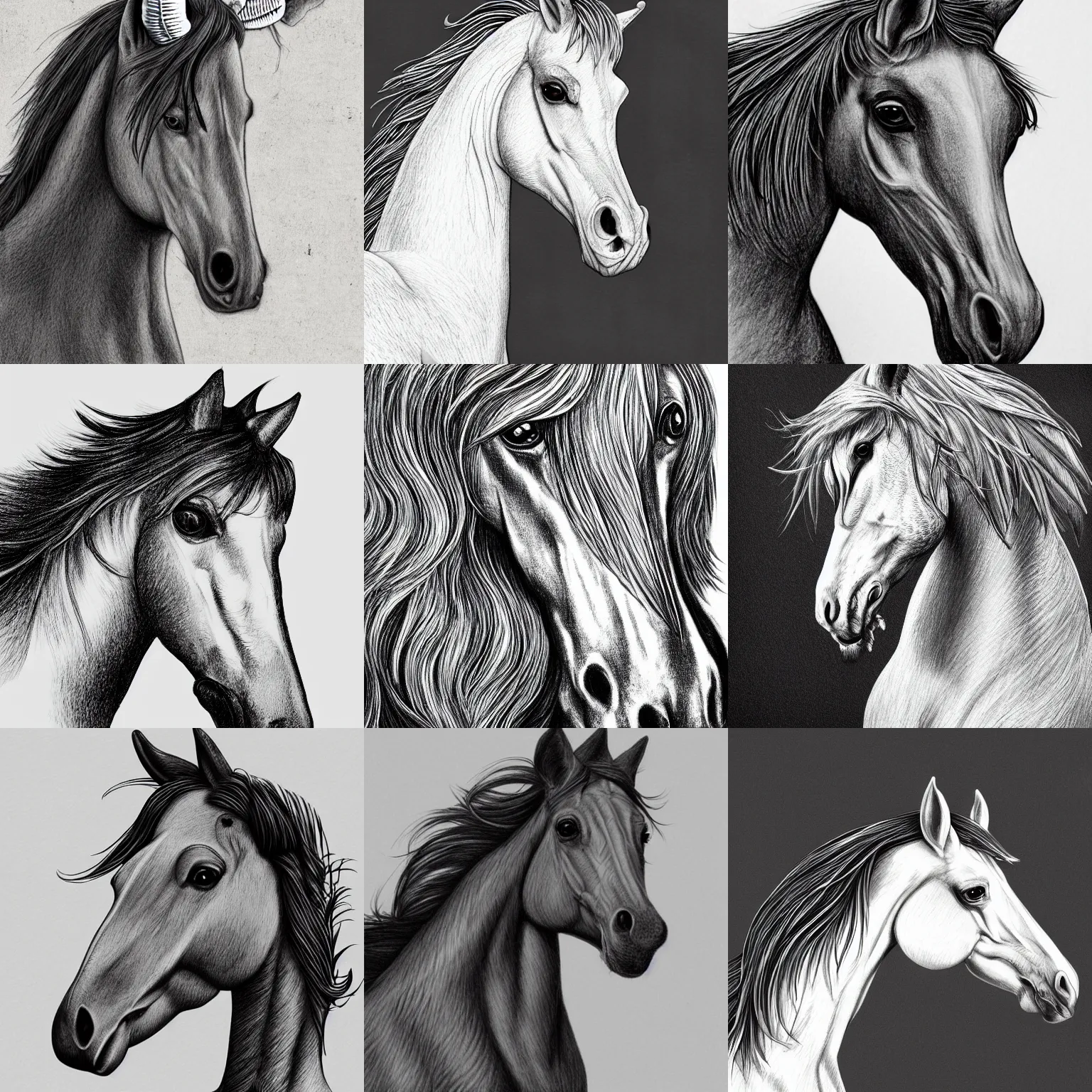 Prompt: horse with a chicken head, illustration, ultra detailed, super fine line, detailed hair and mane, ultra textured beak, very realistic drawing, graphic art, high resolution, deviantart, trending on artstation, rule of 3rds, digital painting, photorealism, photo portrait, stylish