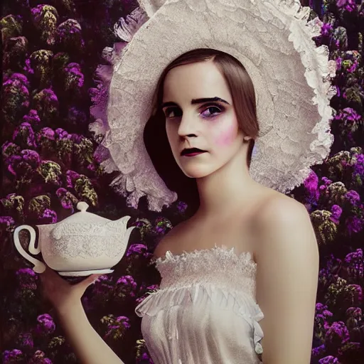 Prompt: full body fashion model emma watson smokey eyes makeup eye shadow textured film grain oil on canvas fantasy, glow, shimmer as victorian woman in a long white frilly lace dress and a large white hat having tea in a sunroom filled with flowers, roses and lush fern flowers ,intricate, night, highly detailed, dramatic lighting , high quality