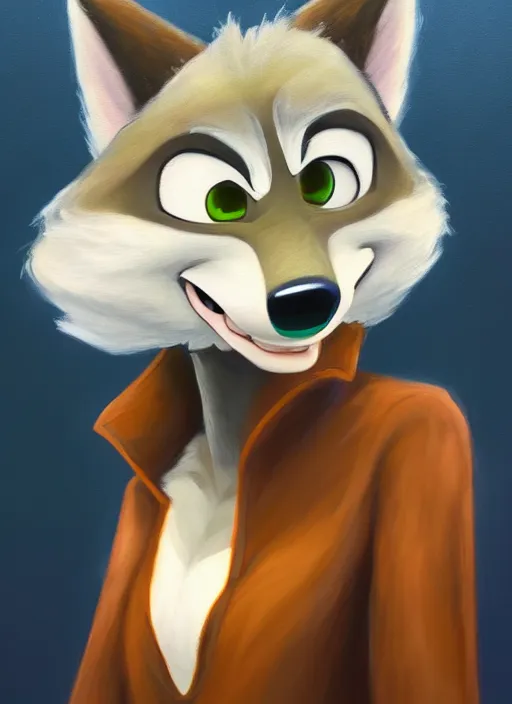 Image similar to oil painting of anthromorphic female wolf, in style of zootopia, female fursona, furry, furaffinity, 4 k, deviantart, furry art, fursona art, wearing black business suit, business suit, wolf fursona, female, very expressive detailed feminine face,