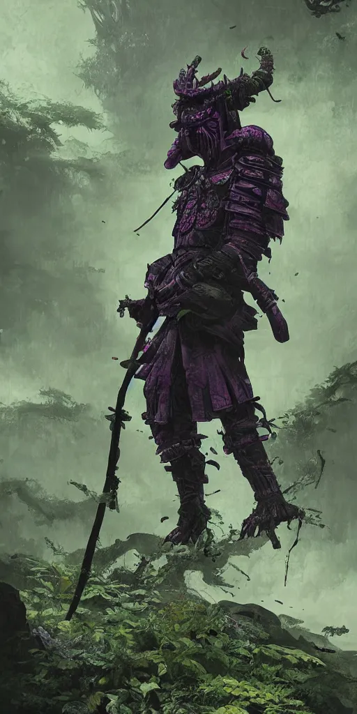 Prompt: a samurai standing in a highly detailed over dimensional green leaves that are not from this world decaying with black vaines, dark fantasy, photorealism, unreal engine, purple hue, sci-fi, by Greg Rutkowski