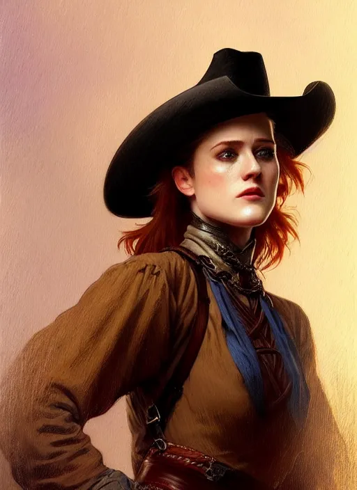 Image similar to portrait of evan rachel wood as a cowboy, 1 8 9 0, western, hat, colt, intricate, headshot, highly detailed, digital painting, artstation, concept art, sharp focus, cinematic lighting, illustration, art by artgerm and greg rutkowski, alphonse mucha, cgsociety