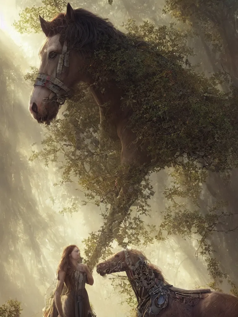 Image similar to a solarpunk portrait of a gorgeous Clydesdale horse with its human owner in the movie Annihilation, with mutated trees and fractal sunlight, award-winning, masterpiece, in the style of Tom Bagshaw, Cedric Peyravernay, Peter Mohrbacher