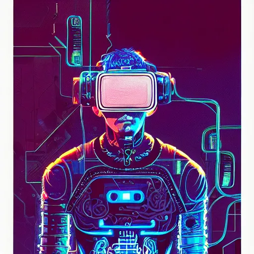 Image similar to a portrait of a cybernetic man wearing virtual reality headset, smoking a cigarette, wires, cyberpunk concept art by josan gonzales and philippe druillet and dan mumford and enki bilal and jean claude meziere