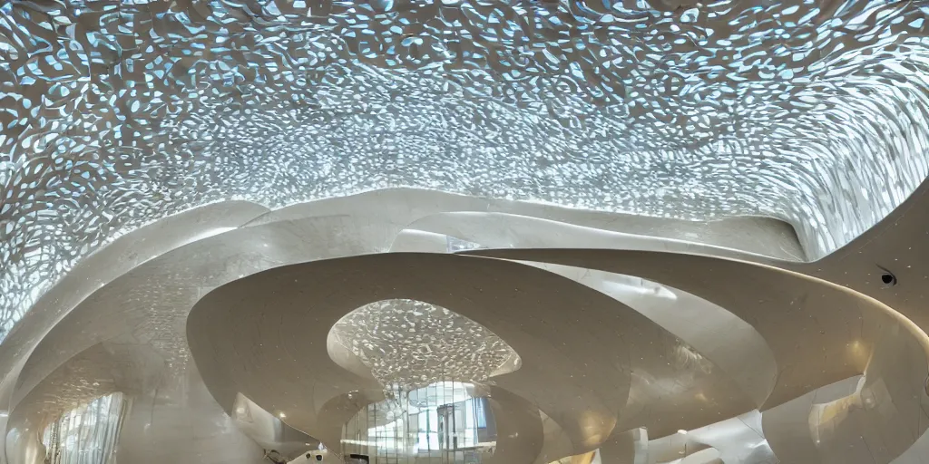 Prompt: extremely detailed stunning curvilinear museum interior with water centered sculpture piece and led strips