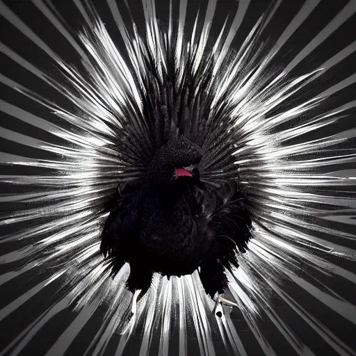 Prompt: crazy black chicken looking angry at you with red eyes, anime style