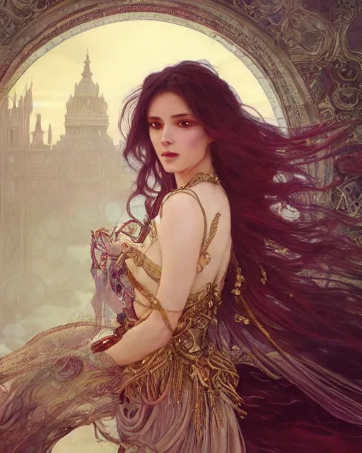 Image similar to a beautiful close up portrait of a sorceress floating on air with elegant looks, flowing robe, ornate and flowing, intricate and soft by ruan jia, tom bagshaw, alphonse mucha, wlop, beautiful roman architectural ruins in the background, epic sky, vray render, artstation, deviantart, pinterest, 5 0 0 px models