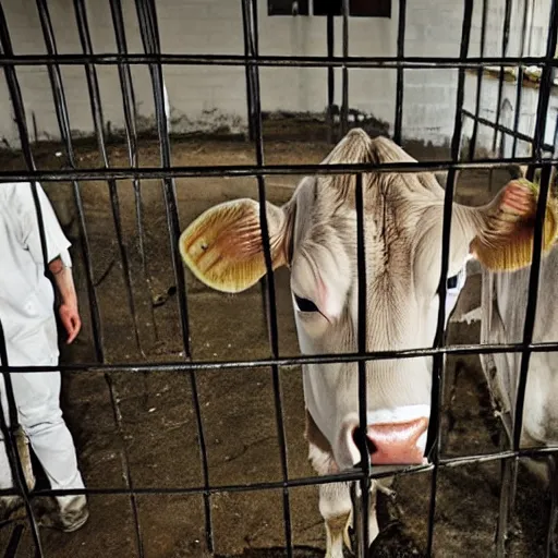 Image similar to inmates with cow heads inside a jailcell