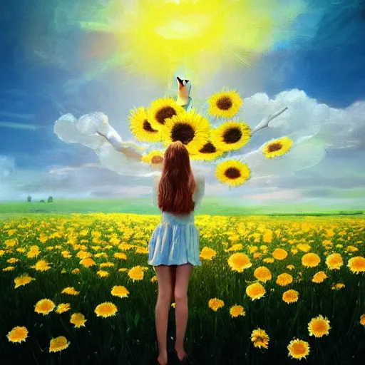 Image similar to face made of giant daisies, girl standing barefoot in a flower field, holding flowers, surreal photography, sunrise dramatic light, impressionist painting, colorful clouds, large sky, digital painting, artstation, simon stalenhag, flower face