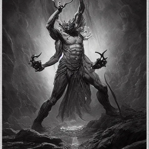 Image similar to full body, grayscale, muscled humanoid balrog demon, horns, claws, large horned tail, heroic pose, flames, fire, tarot, Gustave Dore, Greg Rutkowski,