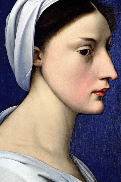 Image similar to hyper - realistic close - up portrait of a medieval female in the caravaggio style, pale skin, in a silver silk robe, blue palette