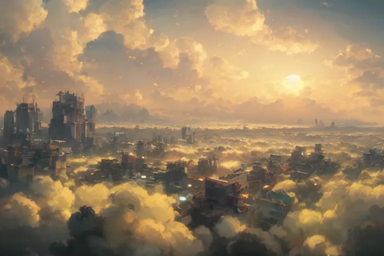 Prompt: ultra realistic city floating on clouds, colors, 8 k, hd, details, fantasy, epic, ancient city, landscape illustration concept art anime key visual trending pixiv fanbox by wlop and greg rutkowski and makoto shinkai and studio ghibli and kyoto animation symmetrical facial features