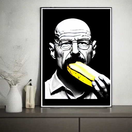 Image similar to Walter white eating a banana, poster, dramatic