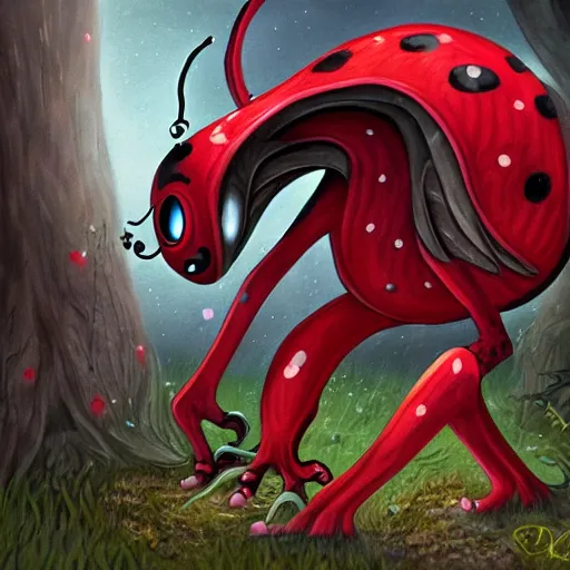 Prompt: ladybug as a huge monster, fantasy art style, scary atmosphere, nightmare - like dream