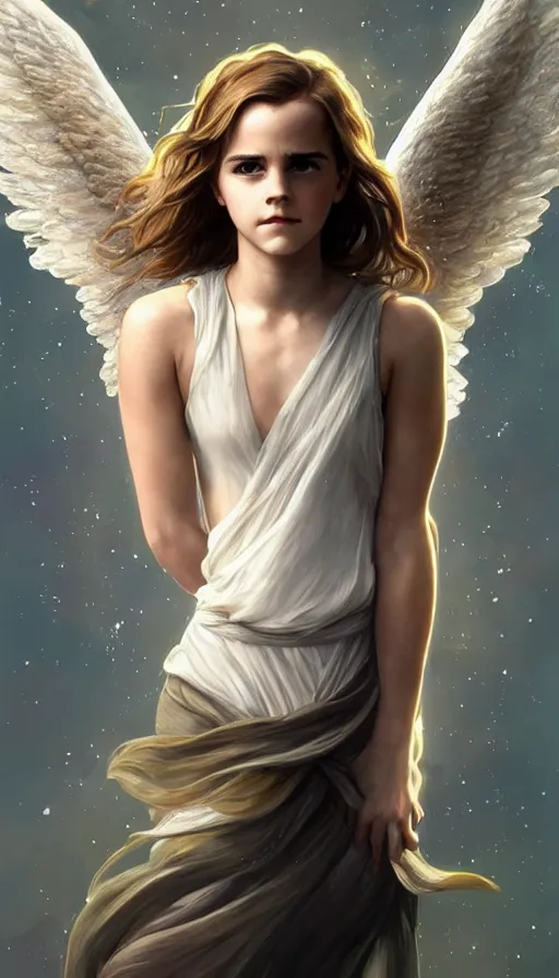 Prompt: angel, perfectly-centered-painting of young Emma watson, sweaty, dynamic action pose, insane, intricate, highly detailed, digital painting, artstation, concept art, smooth, sharp focus, illustration, Unreal Engine 5, 8K, art by artgerm and greg rutkowski and alphonse mucha