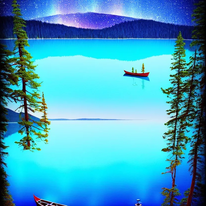 Prompt: a bright blue lake, above the lake is a glowing spirit, the spirit is illuminating a small boat in which there is a crying man, it's night time, the lake is surrounded by giant sequoias, in the sky is a comet, spiritual, magical, supernatural, digital art