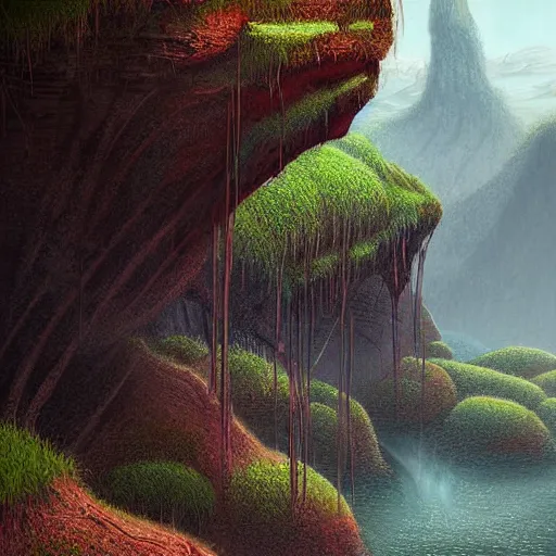 Image similar to digital art of a lush natural scene on an alien planet by michal klimczak ( shume ). extremely detailed. science fiction. beautiful landscape. weird vegetation. cliffs and water.