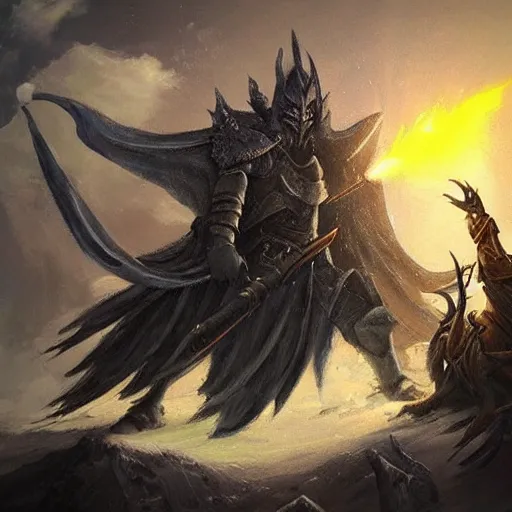 Image similar to “Epic battle between a wizard and the lich king, dramatic lighting, fantasy, detailed painting”